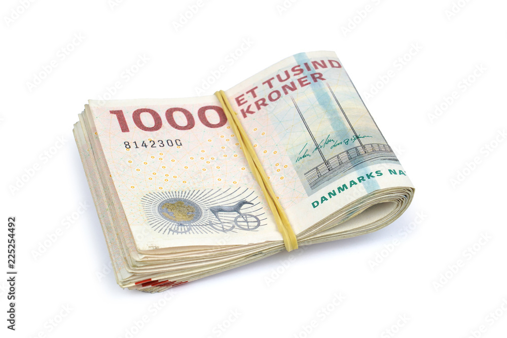 Danish krone. ( DKK ) 1000 Krone banknotes isolated on white background. Danish krone. ( DKK ) 1000 Krone banknotes isolated on white background.