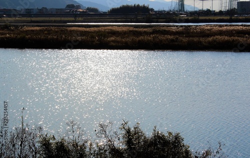 Surface of the Kuma River sparkles in the winter sunlight