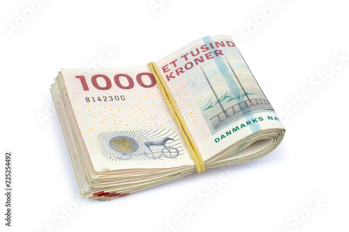 Danish krone. ( DKK ) 1000 Krone banknotes isolated on white background.