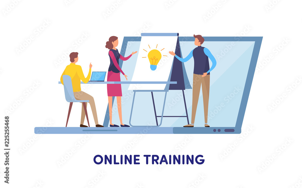 Online training, Education center, Online course, Training, Coaching,  Seminar. Cartoon miniature illustration vector graphic on white background.  Stock Vector | Adobe Stock
