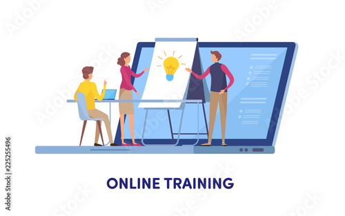 Online training, Education center, Online course, Training, Coaching, Seminar. Cartoon miniature illustration vector graphic on white background.
