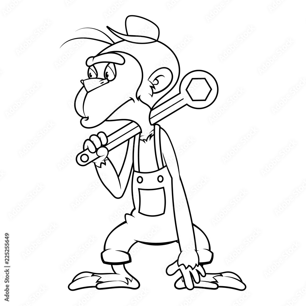 Monkey carry a Big Wrench on shoulder Coloring Book Cartoon Vector Monkey carry a Big Wrench on shoulder Coloring Book Cartoon Vector