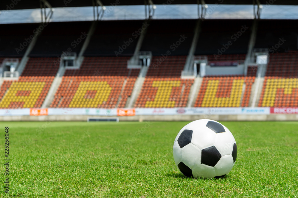 Fototapeta premium boisko do piłki nożnej na zielonej trawie, stadion lekkoatletyczny boisko do piłki nożnej i tło błękitnego nieba