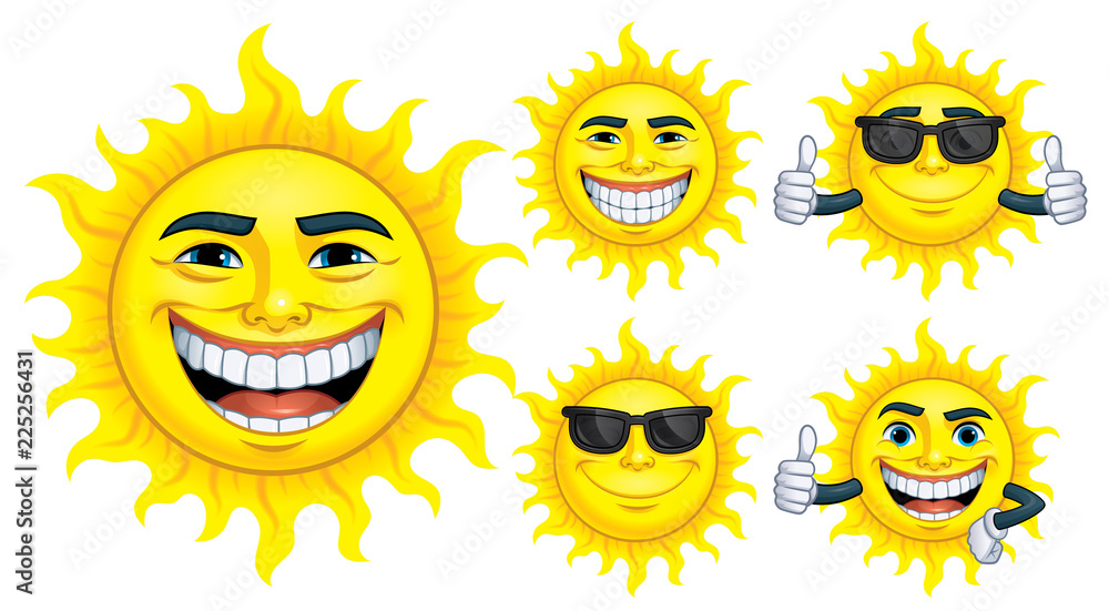 Set of Cartoon Sun Character with 5 expressions, isolated in white background_ Vector illustration EPS 10