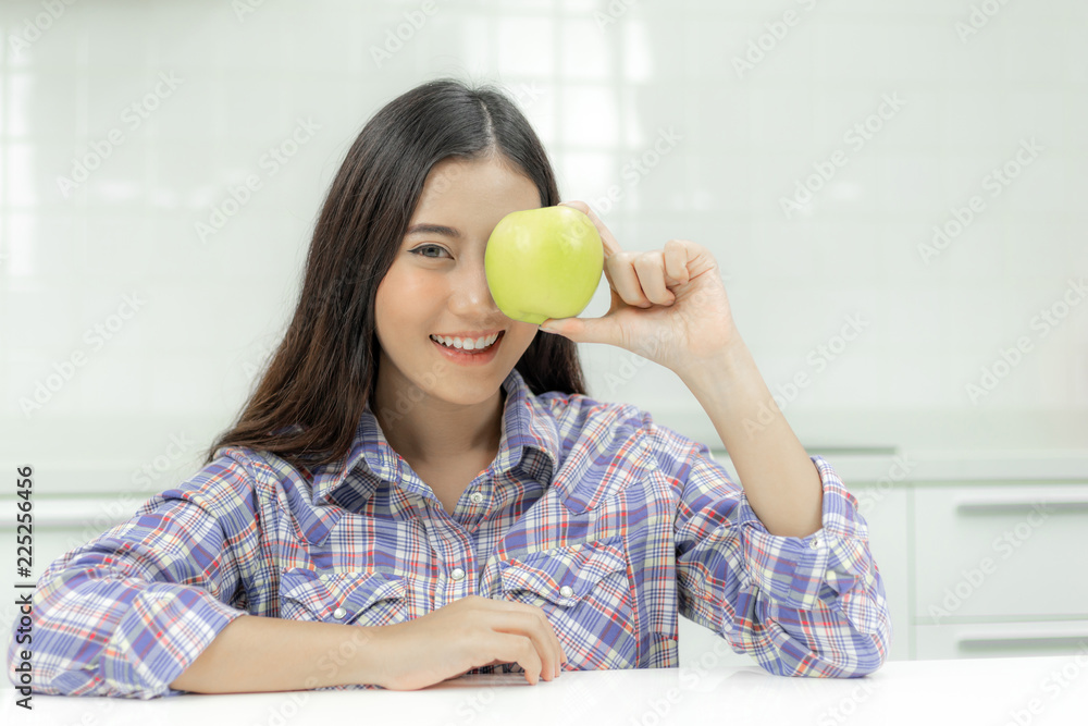 Lifestyle beautiful Asian healthy girl fill Happy to eat diet clean food green apple Lifestyle beautiful Asian healthy girl fill Happy to eat diet clean food green apple