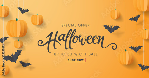 Happy Halloween calligraphy with paper bats and pumpkins. banners party invitation.Vector illustration.