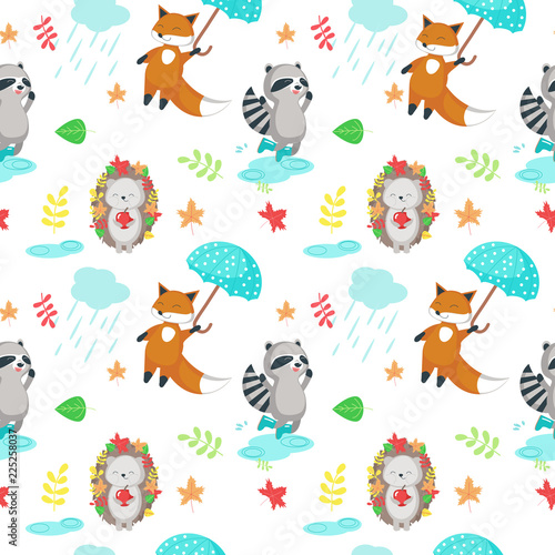 Vector seamless pattern with cute autumn animals
