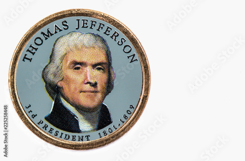 Thomas Jefferson Presidential Dollar, USA coin a portrait image of THOMAS JEFFERSON 3rd PRESIDENT 1801-1809, $1 United Staten of Amekica, Close Up UNC Uncirculated - Collection. photo