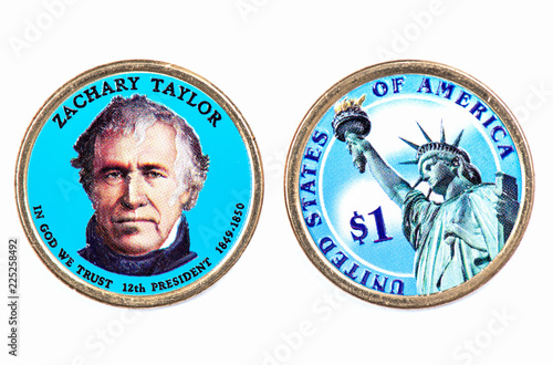 Zachary Taylor Presidential Dollar, USA coin a portrait image of ZACHARY TAYLOR in God We Trust  12th PRESIDENT 1849-1850 on $1 United Staten of Amekica, Close Up UNC Uncirculated - Collection photo