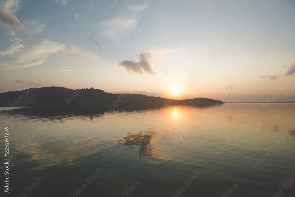 Calm Sea Water, Ferry and Beautiful Sunrise Morning