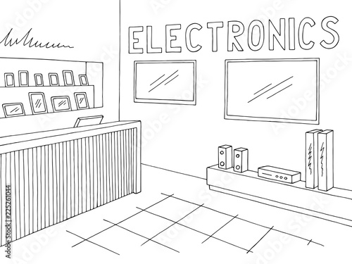 Electronics store interior graphic black white sketch illustration vector
