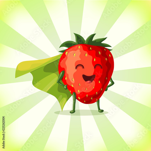 Cartoon superhero strawberry in green cape. Funny fruit and vegetable super hero. Vector illustration.