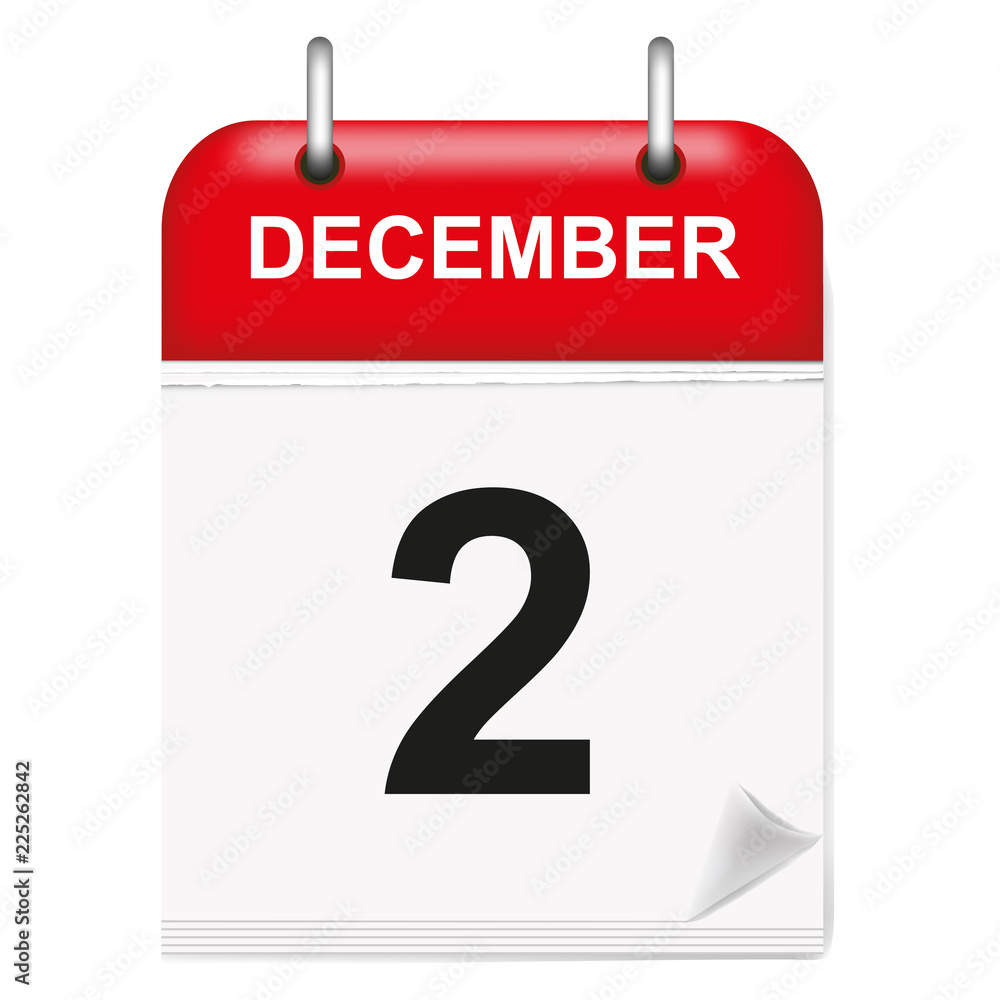 Daily single-leaf calendar, red spine, 3d, month of December,second,2, 2nd. Daily single-leaf calendar, red spine, 3d, month of December,second,2, 2nd.