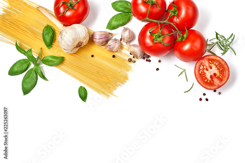 Spaghetti pasta with tomatoes garlic and basil isolated on white background. Top view.