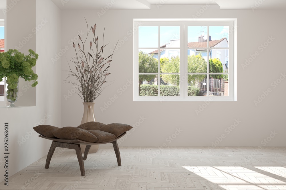Idea of white room with armchair and summer landscape in window. Scandinavian interior design. 3D illustration Idea of white room with armchair and summer landscape in window. Scandinavian interior design. 3D illustration