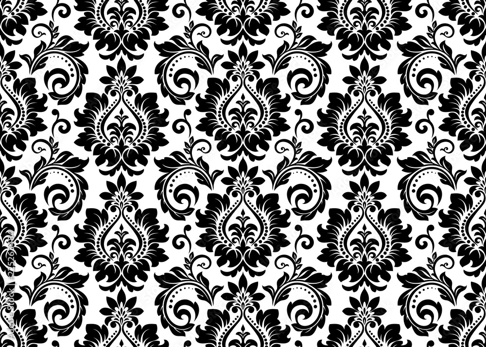 Wallpaper in the style of Baroque. Seamless vector background. White and black floral ornament. Graphic pattern for fabric, wallpaper, packaging. Ornate Damask flower ornament Wallpaper in the style of Baroque. Seamless vector background. White and black floral ornament. Graphic pattern for fabric, wallpaper, packaging. Ornate Damask flower ornament