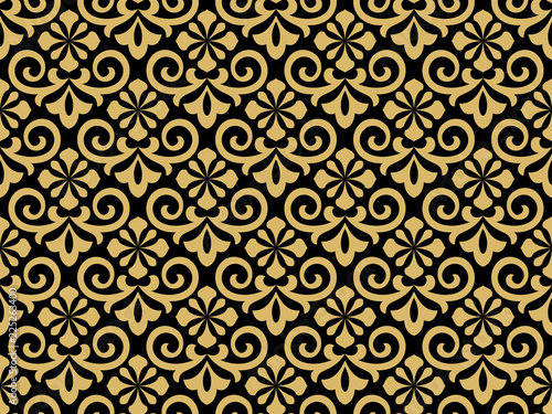 Flower geometric pattern. Seamless vector background. Gold and black ornament. Ornament for fabric, wallpaper, packaging. Decorative print