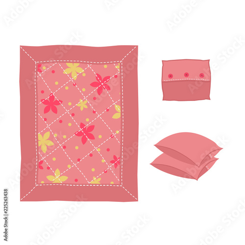 Baby pink blanket, decorated with flowers and stitching, and three pillows