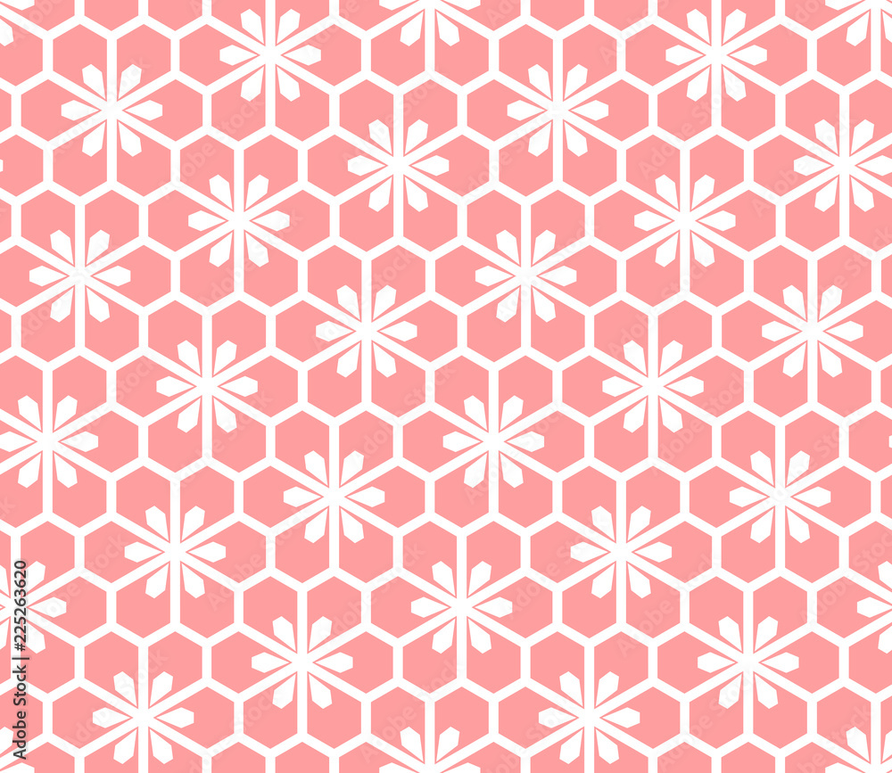Flower geometric pattern. Seamless vector background. White and pink ornament. Ornament for fabric, wallpaper, packaging, Decorative print Flower geometric pattern. Seamless vector background. White and pink ornament. Ornament for fabric, wallpaper, packaging, Decorative print