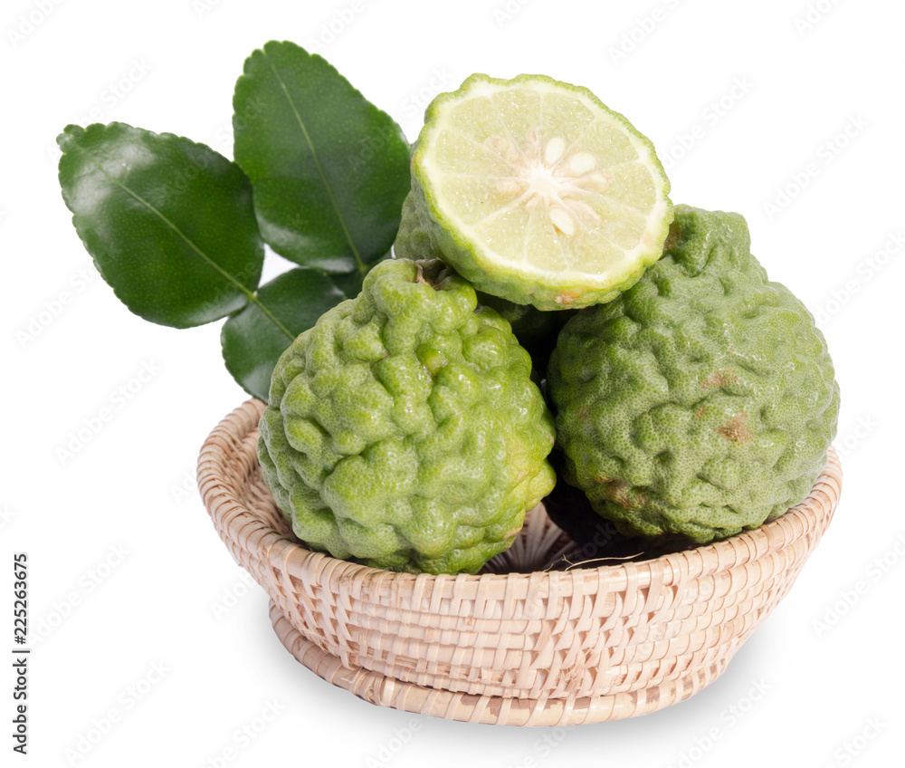 Fototapeta premium The kaffir lime leaves in the basket on a white background.