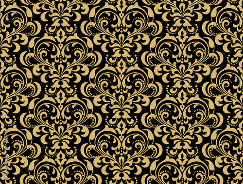 Wallpaper in the style of Baroque. Seamless vector background. Black and gold floral ornament. Graphic pattern for fabric, wallpaper, packaging. Ornate Damask flower ornament