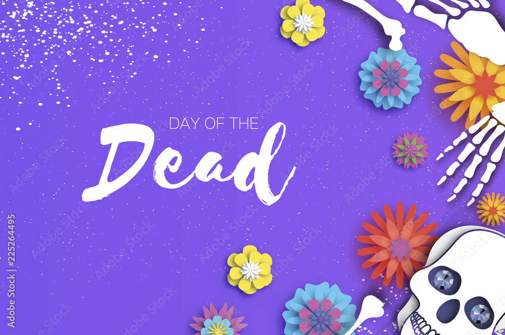 Fototapeta premium Dzień śmierci. Wycinana z papieru czaszka na meksykańskie świętowanie. Tradycyjny szkielet meksykański. Dia de muertos. Meksykańskie wakacje. Fioletowy. Miejsce na tekst. Kwiat origami.
