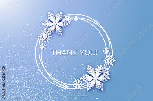 Thank you card. Merry Christmas and Happy New Year Greetings card. White Paper cut snowflakes. Origami Winter Decoration. Seasonal holidays. Snowfall. Space for text. Circle frame. Blue.