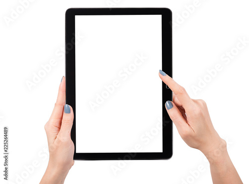 Woman hand using mock up digital tablet isolated clipping patch