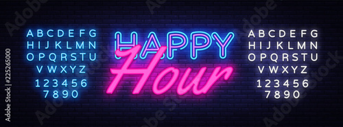 Happy Hour Neon Text Vector. Happy Hour neon sign, design template, modern trend design, night neon signboard, night bright advertising, light banner, light art. Vector. Editing text neon sign