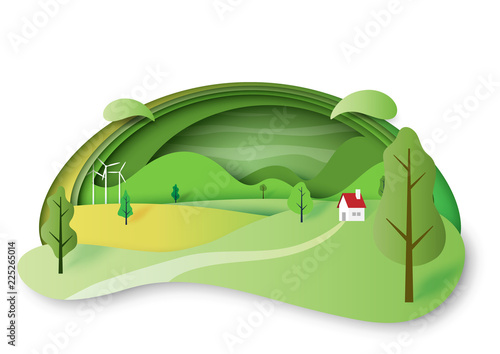 Green ecology concept and nature landscape scenery with house and mountains paper cut abstract background.Vector illustration.