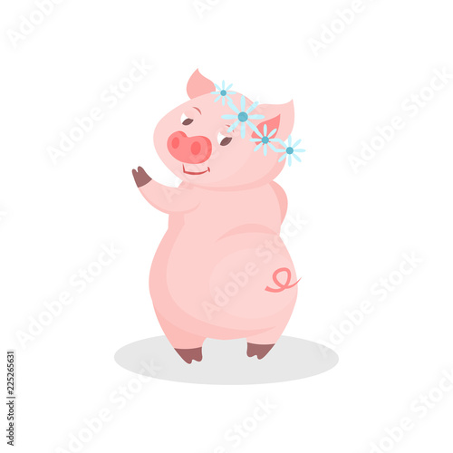 Funny pig wearing wreath of flowers, cute little piglet cartoon character vector Illustration on a white background