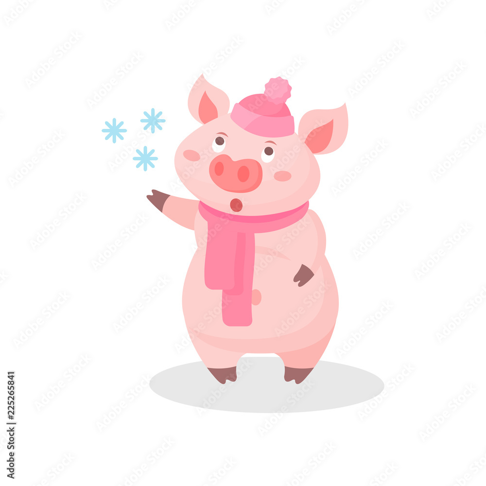 Funny pig wearing knitted hat and scarf, cute little piglet cartoon character catching snowflakes vector Illustration on a white background Funny pig wearing knitted hat and scarf, cute little piglet cartoon character catching snowflakes vector Illustration on a white background