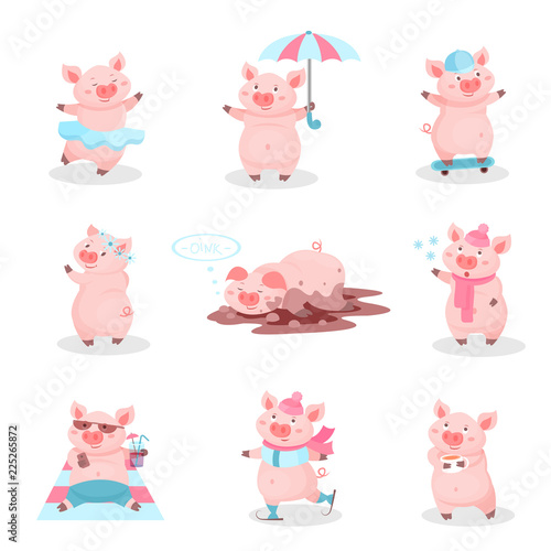 Funny pigs activity set, cute piglets cartoon characters in different situations vector Illustration on a white background