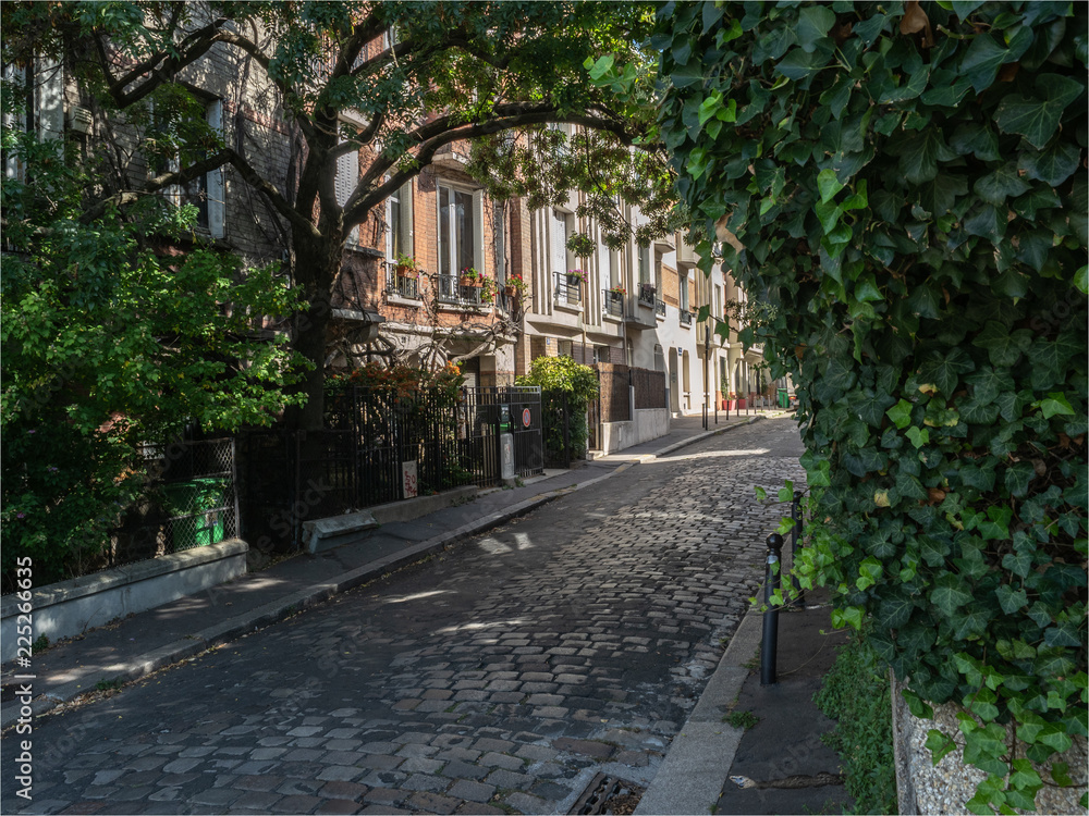 maisons et verdure sur la Butte Bergheire à Paris, lieu pittoresque et insolite