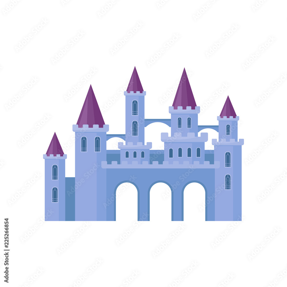 Beautiful purple castle with towers and conical roofs. Medieval fortress. Flat vector element for children book