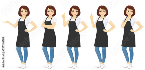 Smiling woman in apron standing with different gestures isolated