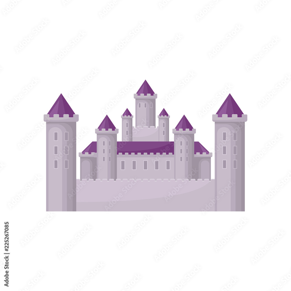 Fairy tale castle with high towers and purple conical roofs. Medieval building. Flat vector for children book or mobile game