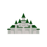 Big royal castle. Medieval palace with towers and green conical roofs. Flat vector element for mobile game