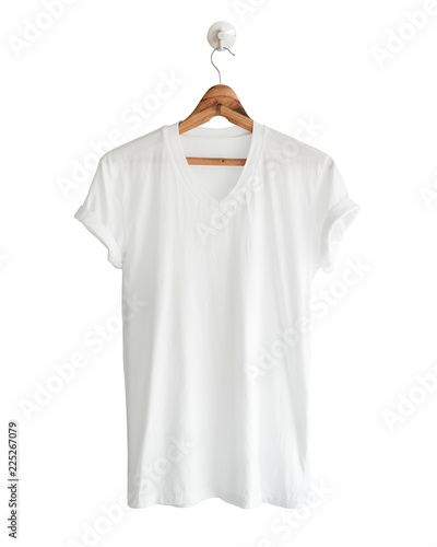 White t-shirt hanging isolated on white background. © Theeradech Sanin
