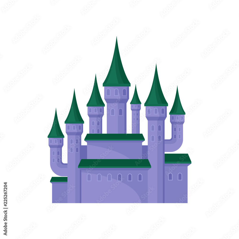 Large purple castle. Royal palace with high towers and green conical roofs. Flat vector element for mobile game