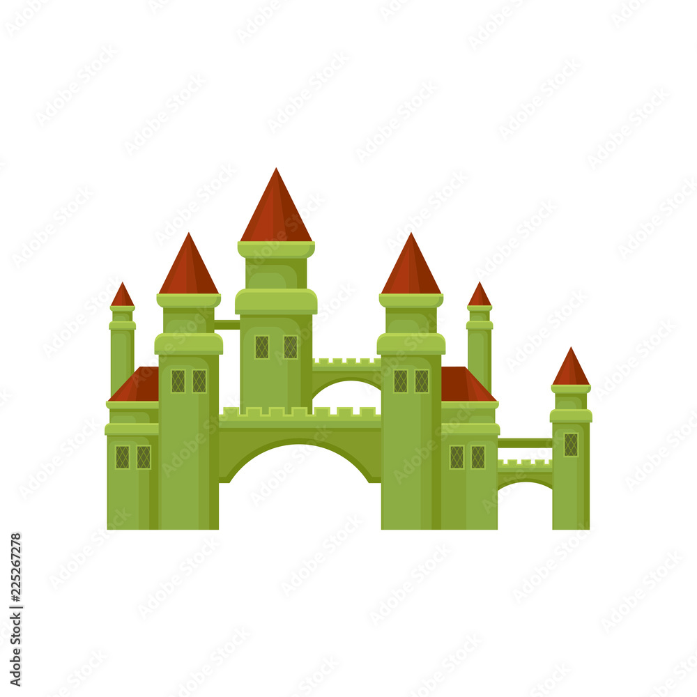 Fototapeta premium Small medieval castle. Green fortress with brown conical roofs. Flat vector for promo poster of children entertainment center
