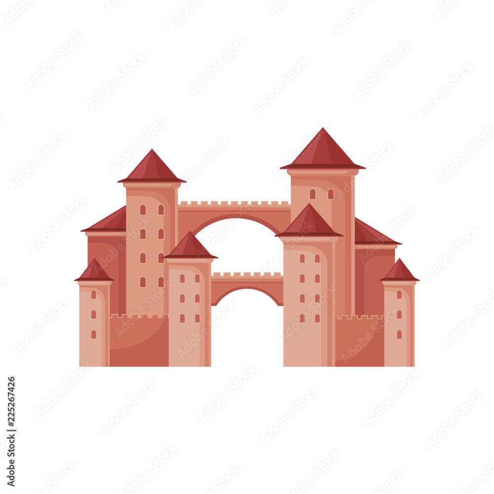Medieval fortress with towers and conical roofs. Royal castle. Flat vector for poster, children book or mobile game