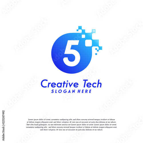 Pixel Number 5 Logo designs, 5 Number Design Vector Template with Abstract Circle Pixel