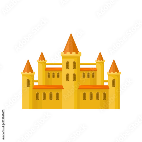 Yellow castle with orange roof, high towers and grating on windows. Flat vector element for children story book or mobile game