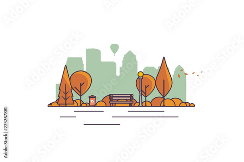 Vector illustration of a beautiful autumn city park with town building background. Evening in the park.