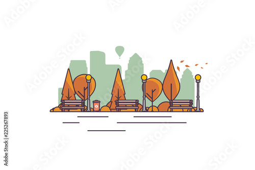Vector illustration of a beautiful autumn city park with town building background. Evening in the park.