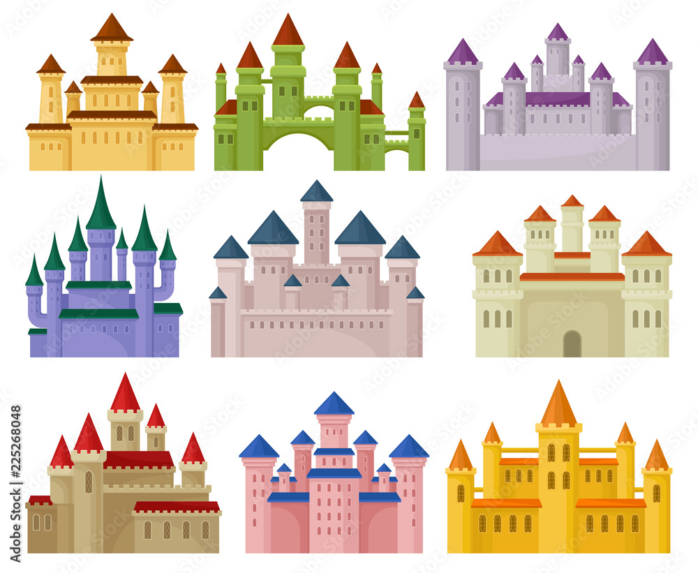 Flat vector set of colorful royal castles. Large fortresses with high towers. Elements for children book or mobile game