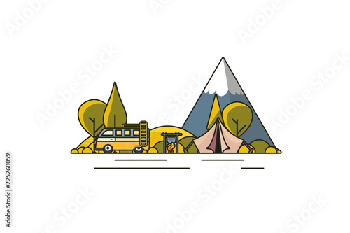 Sunny day landscape illustration in flat design,  outline stroke style with tent, campfire, mountains, forest and water. Background for summer camp, nature tourism, camping or hiking design concept.