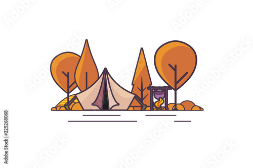Sunny day landscape illustration in flat design,  outline stroke style with tent, campfire, mountains, forest and water. Background for summer camp, nature tourism, camping or hiking design concept.