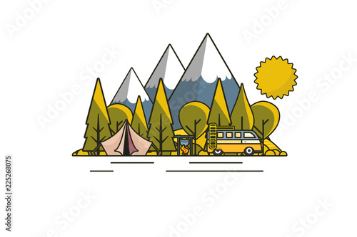 Sunny day landscape illustration in flat design,  outline stroke style with tent, campfire, mountains, forest and water. Background for summer camp, nature tourism, camping or hiking design concept.